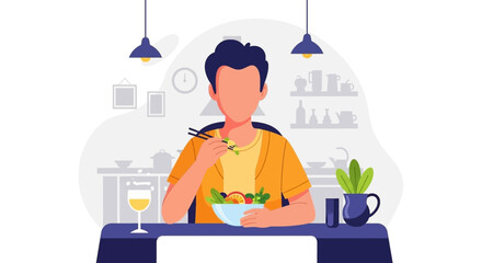 Person enjoying a healthy salad at home, perfect for blogs about healthy eating or lifestyle.