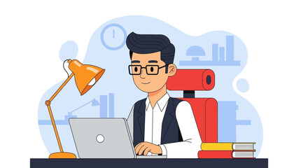 Illustration of a businessman working on his laptop, perfect for website banners or business presentations.