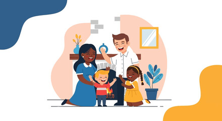 Happy diverse family by fireplace - perfect for family blogs, websites, and social media.