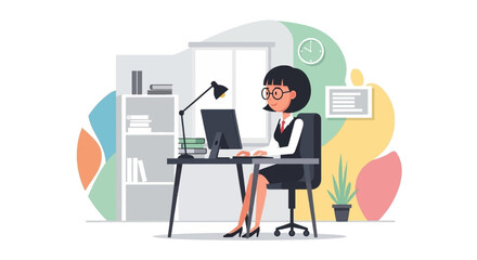 Businesswoman working at her desk in a modern office, perfect for website banners or business presentations.