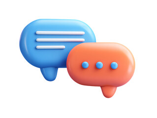 3d icon of two 3d speech bubbles, one blue and one orange, overlapping and isolated on a transparent background, representing communication and conversation