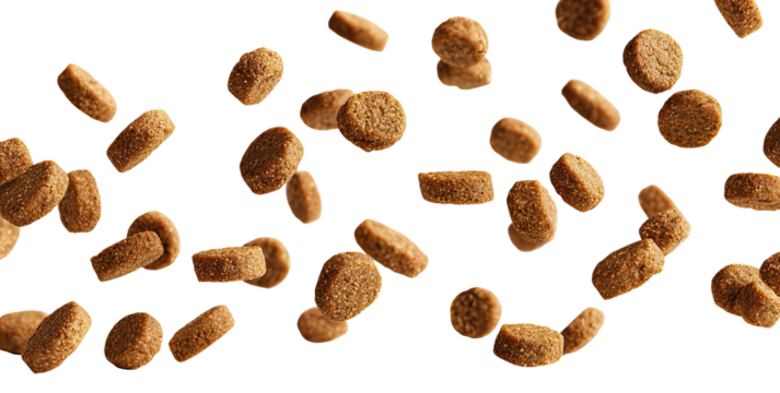 Dog food kibble falling in mid-air