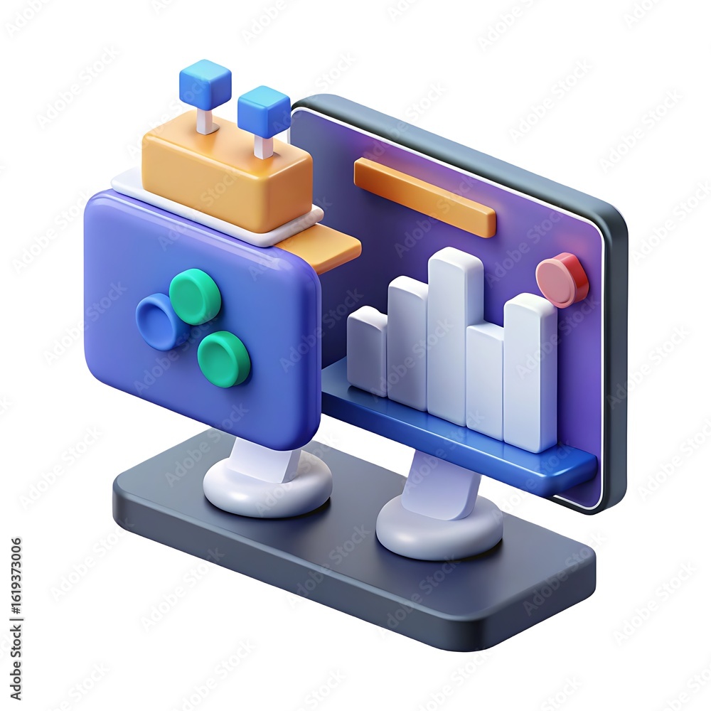 Poster modern 3d isometric illustration of a computer monitor displaying a financial chart and data