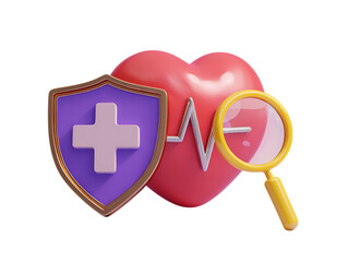 3d icon of heart with cardiogram, shield, and magnifying glass, symbolizing medical research, health check, and protection, isolated on transparent background