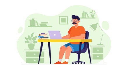 Illustration of a man working from home on his laptop, perfect for blogs or websites about remote work.