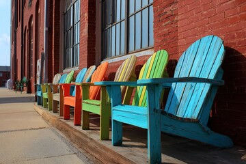 Colorful wooden Adirondack chairs lined up against a brick wall. The chairs are painted in various bright colors, creating a vibrant outdoor seating area.