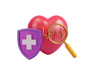 3d illustration of a red heart with a cardiogram and a magnifying glass next to a purple shield with a white cross, isolated on transparent background