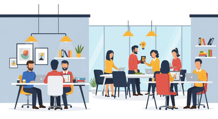 Modern co-working space illustration, ideal for website banners or brochures promoting teamwork and collaboration.