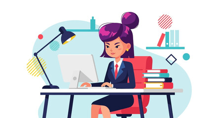 Businesswoman working at her desk, perfect for website banners or marketing materials.
