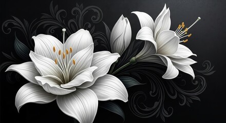 Elegant white lilies on a dramatic dark background