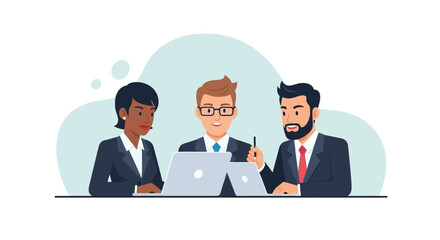 Diverse business team collaborating on laptop, ideal for website banners, presentations, and marketing materials.