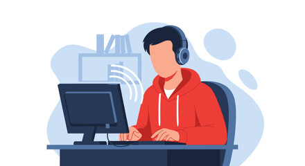 Person working on computer with headphones, perfect for blog posts about remote work or online learning.