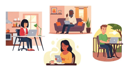 Diverse group of people working remotely from home, office, and outdoors. Perfect for illustrating remote work, telecommuting, or work-life balance.