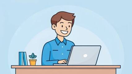 Happy man working on laptop at desk, perfect for website banners or blog posts about remote work.