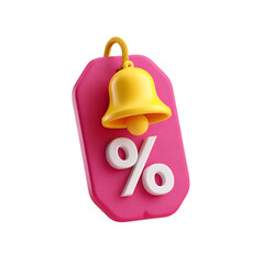 3d icon of 3d render of a pink tag with a yellow bell and percentage symbol isolated on transparent background, representing a sale or discount notification