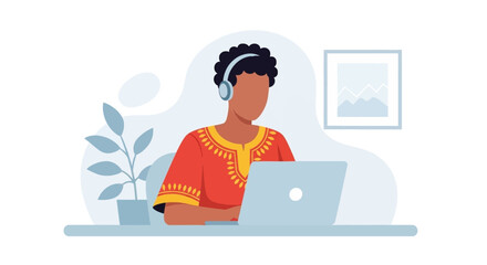 Person working from home on laptop, wearing headphones. Ideal for remote work, communication, and technology websites or brochures.