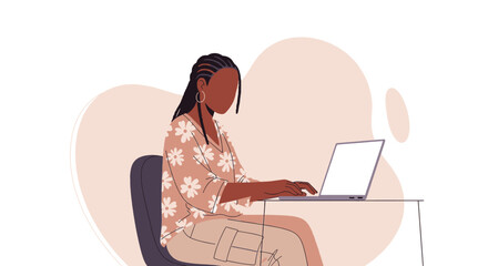 Woman working on laptop, minimalist illustration for website or blog.