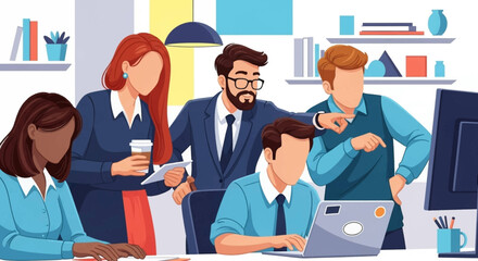 Diverse business team collaborating on a project in a modern office, ideal for website banners or presentations.