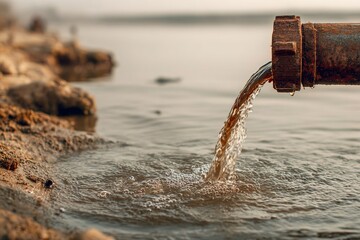 Rusty pipe discharging brown water into a calm body of water. The shoreline is rocky with visible sediment. The scene highlights water pollution issues.