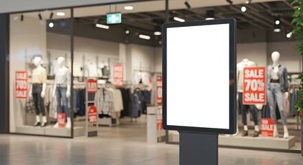 Blank digital advertising screen in a shopping mall, with retail store window displays and mannequins in the background, showcasing a sale