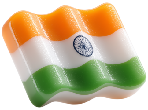 Creative 3D plastic icon representation of the Indian tricolor flag with a glossy finish. India. isolated on transparent background. PNG, cutout.