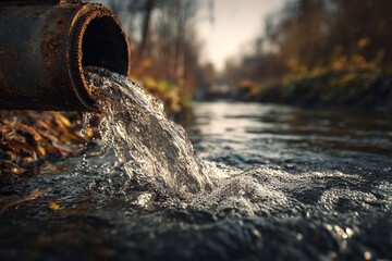A rusty pipe discharges water into a flowing stream. The scene captures the natural environment with greenery and soft sunlight filtering through trees.