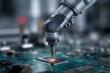 Robotic arm precision work on a chip, blurred background. Industry automation