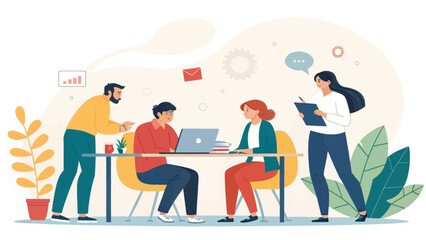Teamwork and Collaboration: Illustration of a diverse team working together on a project, ideal for websites, presentations, and marketing materials.