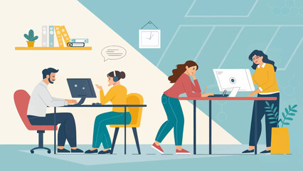 Diverse team collaborating in a modern office setting, ideal for website banners or business brochures.