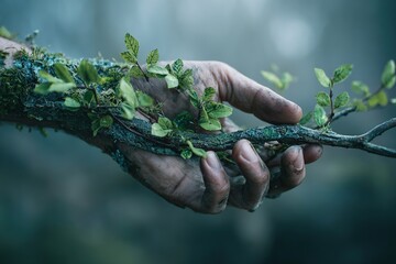 A close-up of a human hand holding a branch with green leaves. The hand appears weathered and earthy, suggesting a connection to nature.