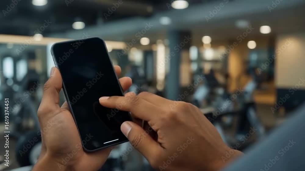 Poster a man is holding a smartphone with an empty screen in a gym, surrounded by exercise equipment.