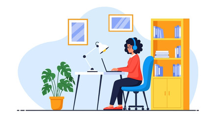 Woman working from home on laptop, perfect for remote work, online learning, or freelance articles.