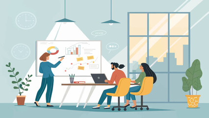 Business team meeting, presentation and brainstorming. Ideal for website landing page, marketing materials, or reports.