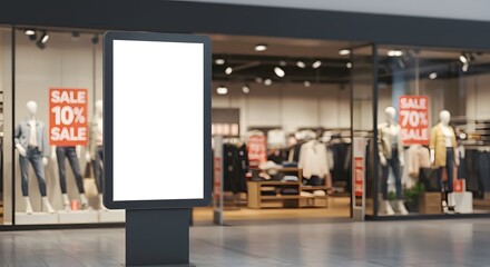 A blank digital advertising screen stands prominently in a shopping mall, showcasing a mockup for promotional content with blurred storefronts and sale signs in the background