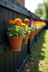 Hanging Flower Pots on Wooden Fence with Lush Greenery and Vibrant Flowers