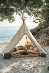 A bohemianstyled teepee with comfortable cushions set on a sandy beach, perfect for a relaxed outdoor retreat