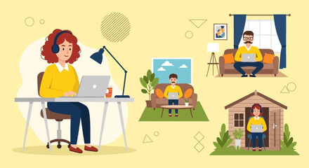 Remote Work Illustrations: Diverse people working from home, office, and garden. Perfect for blogs, articles, and websites about remote work, work from home, and flexible work.