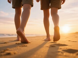 Barefoot Couple Walking on Sandy Beach in Golden Sunset Light