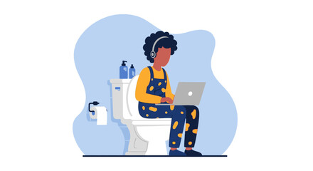 Person working on laptop while sitting on toilet - Illustration for articles about work-life balance, remote work challenges, or humor.