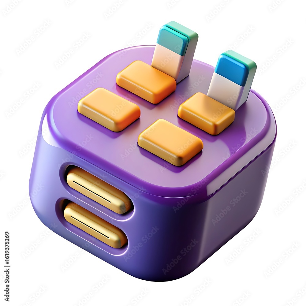 Poster creative abstract 3d render of a purple cube with golden slots and colorful blocks on top