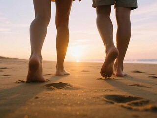 Barefoot Couple Walking on Sandy Beach in Golden Sunset Light