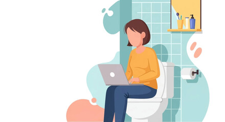 Woman working on laptop in bathroom, perfect for articles about work-life balance or remote work.