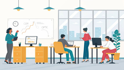 Diverse team collaborating in a modern office, perfect for illustrating teamwork and business success on a website or presentation.