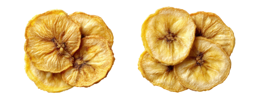 Two clusters of dried banana slices