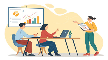 Business team meeting: colleagues reviewing data and charts, perfect for website landing pages or presentations.