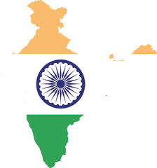 India map silhouette filled with the colors of the Indian flag: saffron, white with a blue chakra, and green.