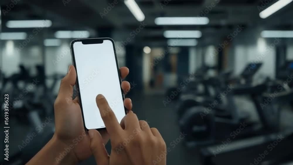 Poster a man is holding a smartphone with an empty screen in a gym, surrounded by exercise equipment.