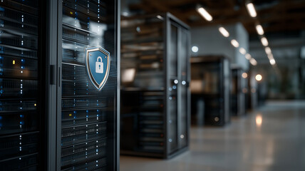A 3D render showcases a modern data center with rows of server racks, some glowing blue, and a prominent security shield icon on the foreground server.