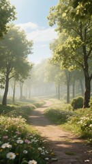 A serene forest path lined with vibrant flowers and lush green trees under a soft, misty sky.