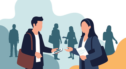 Business people networking and exchanging ideas, ideal for presentations about collaboration and teamwork.